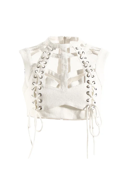 Spicy Summer Mock Neck Lace Up Sleeveless Cutout Denim Crop Top Iron Safe Non-Iron Wrinkle Free