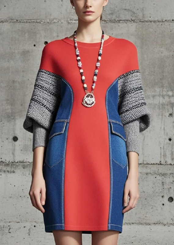 Boho Red Patchwork Denim Cotton Sweatshirts Dress Batwing Sleeve Hoodie with Tie-Dye Psychedelic Retro Boho Red Patchwork Denim Cotton Sweatshirts Dress Batwing Sleeve Hoodie with Tie-Dye Psychedelic Retro