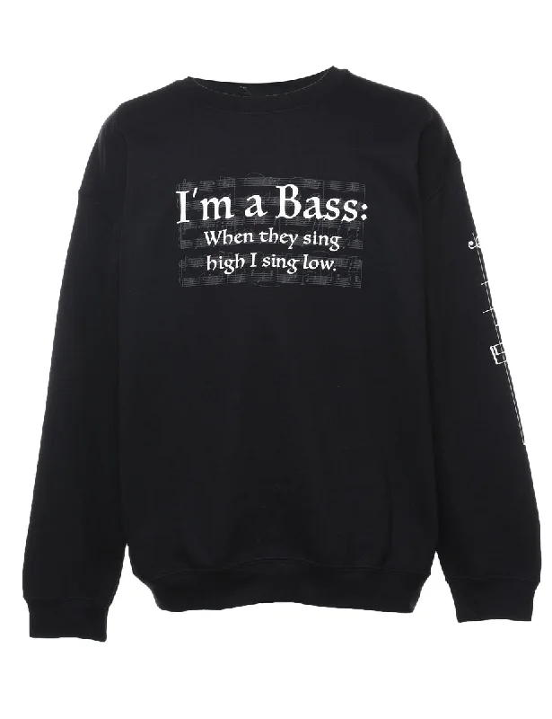 Black Bass Design Printed Sweatshirt - L Hoodie with Front Slit Layering Stylish