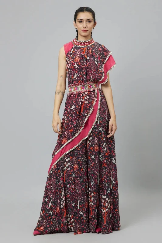 PINK CROP TOP WITH CONCRETE JUNGLE PRINT DRAPE AND PINK SOLID PLAIN SILK DRAPE WITH CONCRETE JUNGLE SHARARA PANTS Terry Blend Velvet Blend Canvas Blend PINK CROP TOP WITH CONCRETE JUNGLE PRINT DRAPE AND PINK SOLID PLAIN SILK DRAPE WITH CONCRETE JUNGLE SHARARA PANTS Terry Blend Velvet Blend Canvas Blend