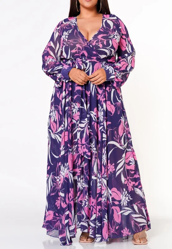 Hi Curvy Plus Size Women Floral Leaf Pattern Flare Maxi Dress Tunics Vintage classic