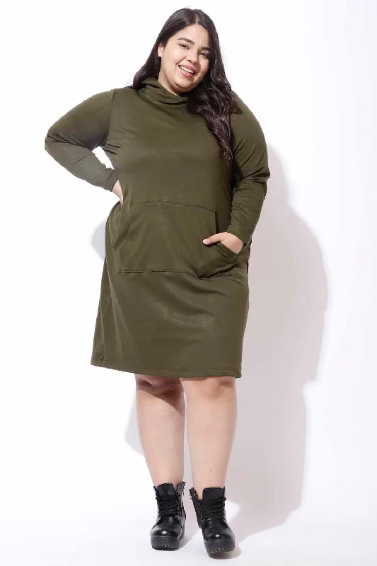 Plus Size Olive Sweatshirt Hoodie Winter Dress Hoodie with Hem Embroidery Detailed Premium Plus Size Olive Sweatshirt Hoodie Winter Dress Hoodie with Hem Embroidery Detailed Premium