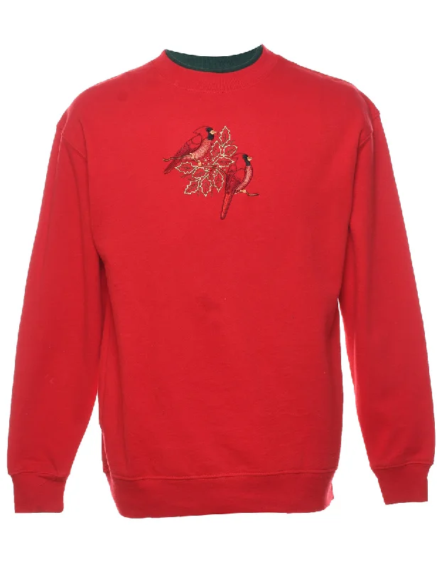 Bird Print Christmas Sweatshirt - M Hoodie with Thumb Holes Functional Cozy