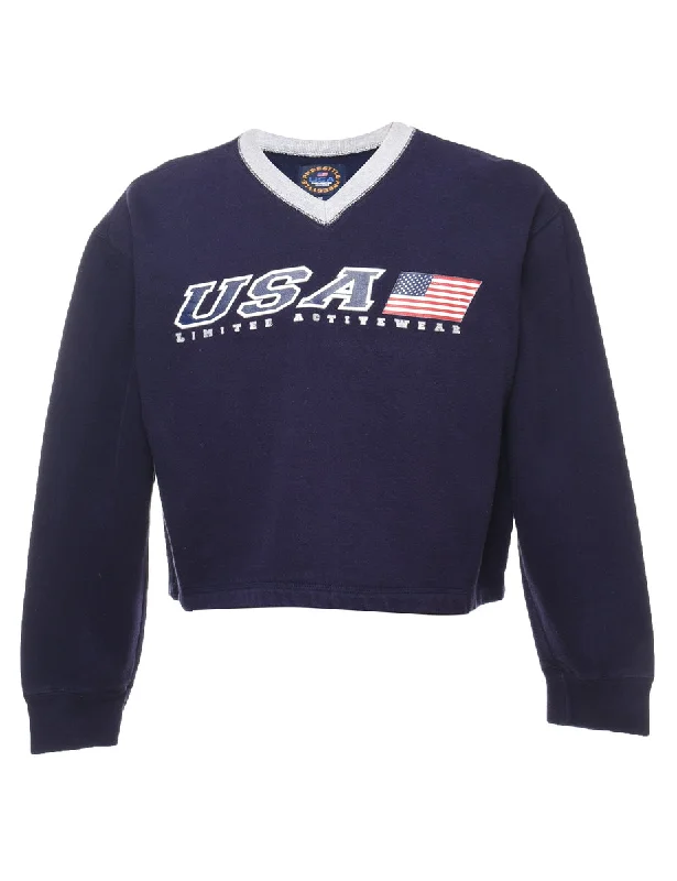 Navy, Red & White Cropped USA Printed Sweatshirt - M Hoodie with Hem Patch Decorative Personalized Navy, Red & White Cropped USA Printed Sweatshirt - M Hoodie with Hem Patch Decorative Personalized