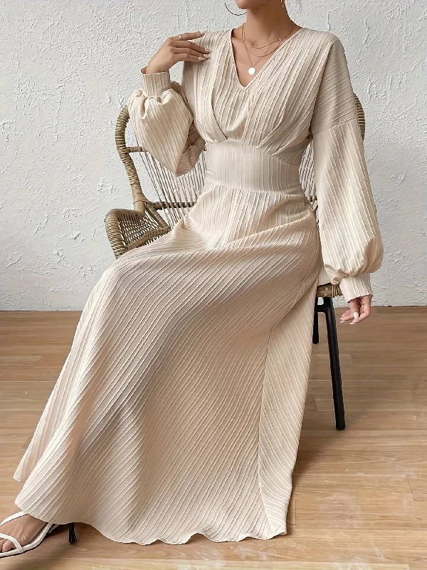 Stunning Solid V-Neck Elegant Long Lantern Sleeve Dress - Women's Formal Wear, Chic Party Dresses for Ladies, Comfortable and Flattering Clothing for Various Occasions Tunics stripes playful