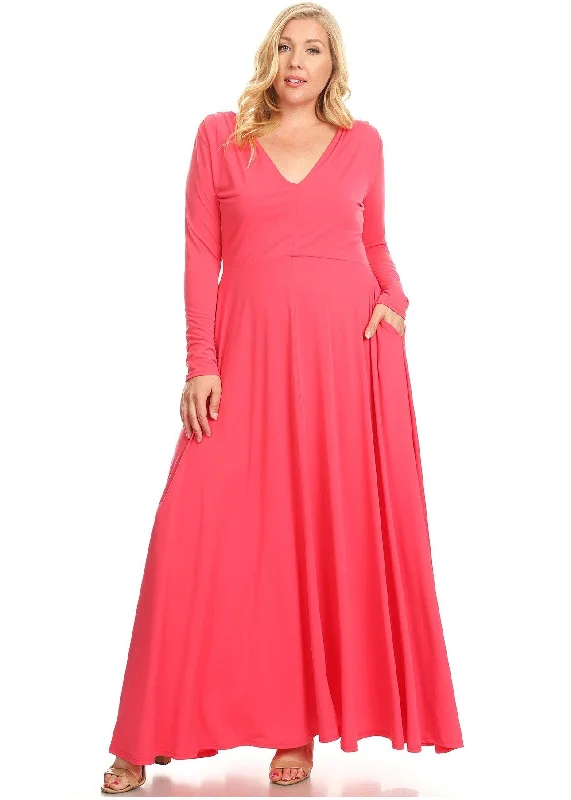 Plus Size Long Sleeves V-Neck Flare Maxi Dress Tunics Timeless classic