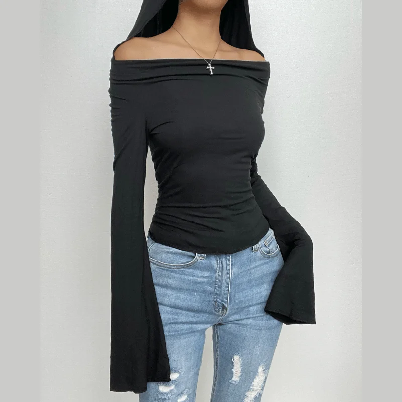 Cowl neck hoodie long flared sleeve solid 2-way top Hoodie with Slim Fit Tailored Modern Cowl neck hoodie long flared sleeve solid 2-way top Hoodie with Slim Fit Tailored Modern