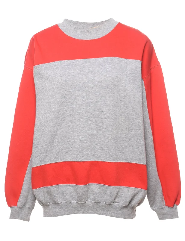 Two-Tone Red & Grey Plain Sweatshirt - L Hoodie with Slit Hem Functional Movement