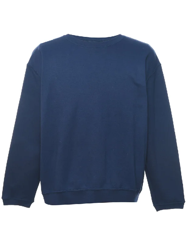 Navy Plain Sweatshirt - L Hoodie with Ribbed Hem Stretchable Secure