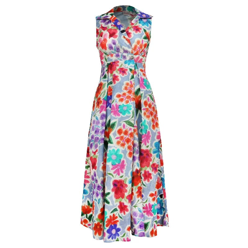 Penny S/L Pleat Maxi Blu Floral  Dress Pencil Office Professional