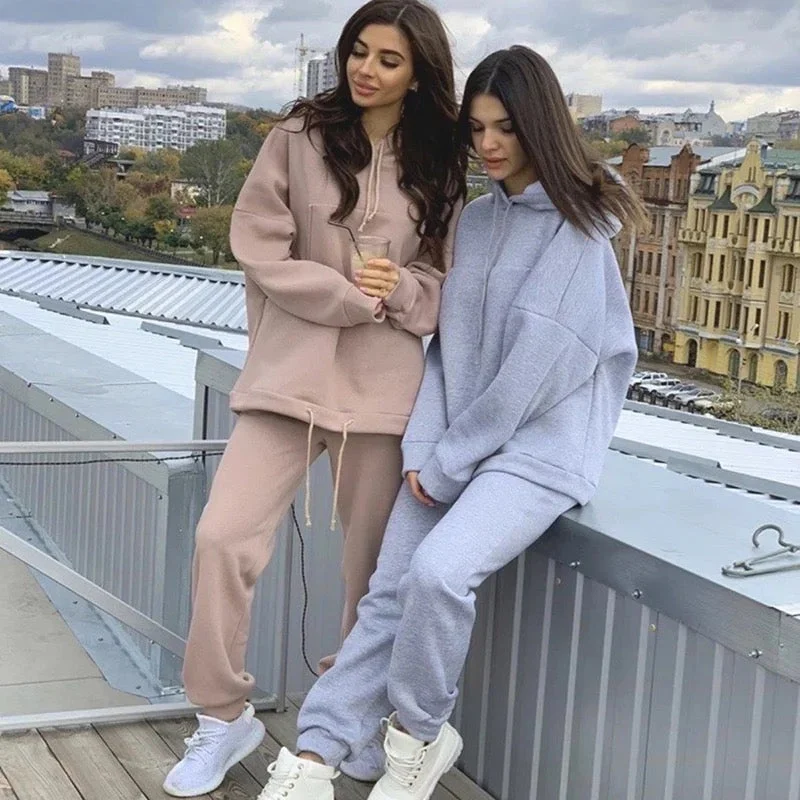 Oversized Hoodie Winter 2 Pieces Hoodie with Hem Contrast Bold Stylish