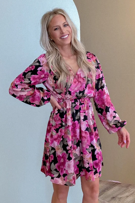 Floral Embrace Black And Fuchsia Satin Mini Dress Fashionable Mini Dress with Frills Floral Embrace Black And Fuchsia Satin Mini Dress Fashionable Mini Dress with Frills