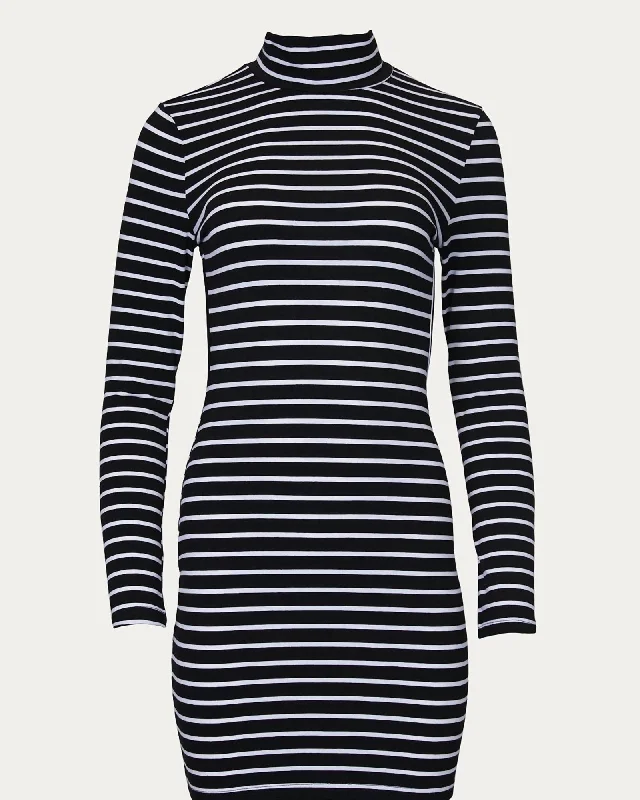 Open-Back Turtleneck Mini Dress in Black Stripe | Black Stripe Cozy Cowl Neck Mini Dress Open-Back Turtleneck Mini Dress in Black Stripe | Black Stripe Cozy Cowl Neck Mini Dress