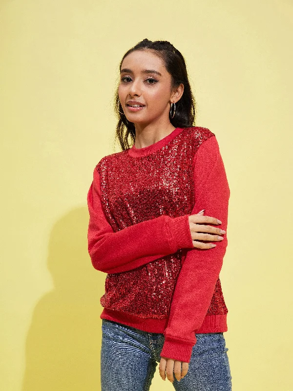 Girls Red Front Sequence Overiszed Sweatshirt Hoodie with Distressed Vintage Worn
