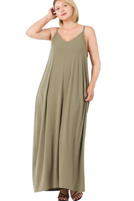 Hi Curvy Plus Size Women  V-Neck Cami Maxi Dress with Side Pockets Tunics Favorite customer