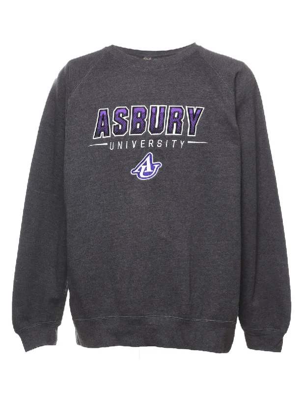 Asbury University Dark Grey & Purple Embroidered Sweatshirt - L Hoodie with Hem Elastic Stretchable Comfortable Asbury University Dark Grey & Purple Embroidered Sweatshirt - L Hoodie with Hem Elastic Stretchable Comfortable