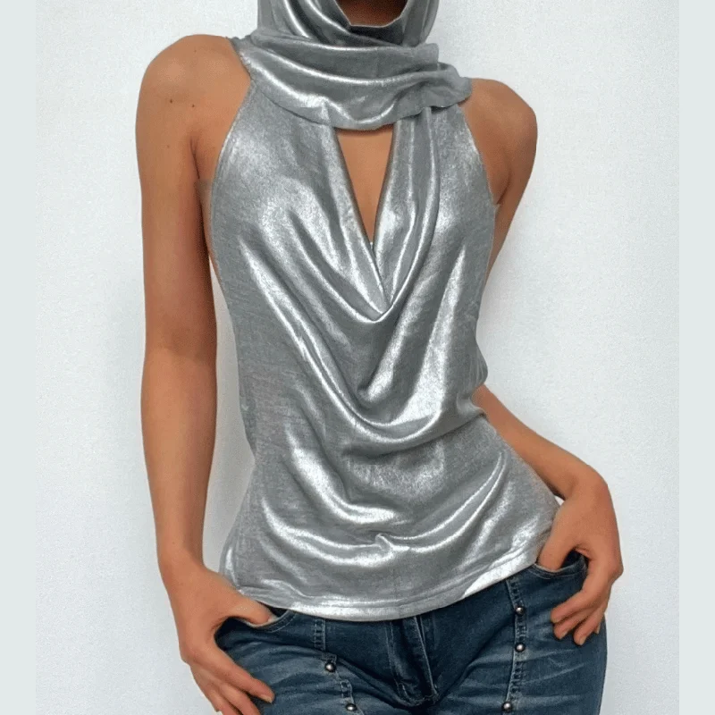 Metallic metal chain cowl neck ruched hoodie backless top Hoodie with Embroidery Detailed Premium Metallic metal chain cowl neck ruched hoodie backless top Hoodie with Embroidery Detailed Premium