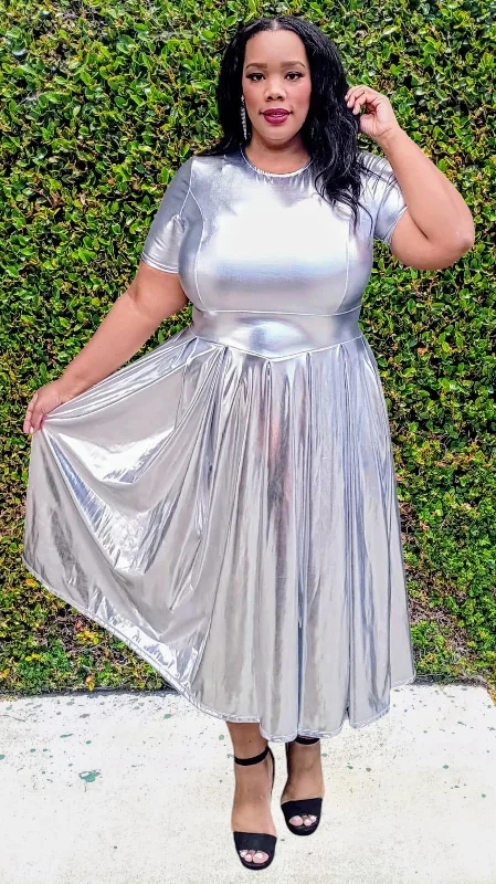 Plus Size Women Vinyl Metallic Fit & Flare Midi Dress Tunics Distressed trendy
