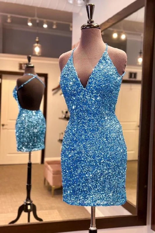 Straps Blue Sequin Tight Mini Dress         S3663 Trendy Mesh Mini Dress