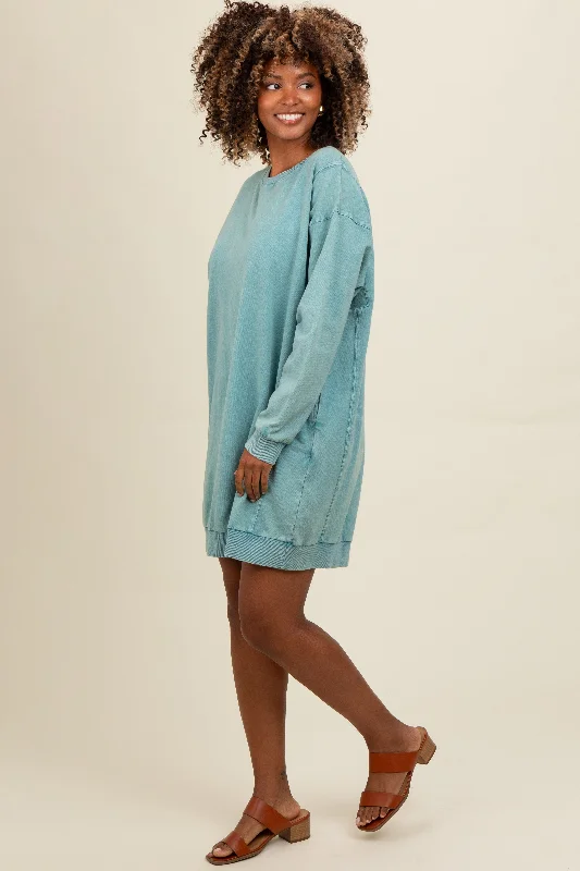 Teal Mineral Wash Sweatshirt Dress Zip Hoodie Drawstring Kangaroo Pocket