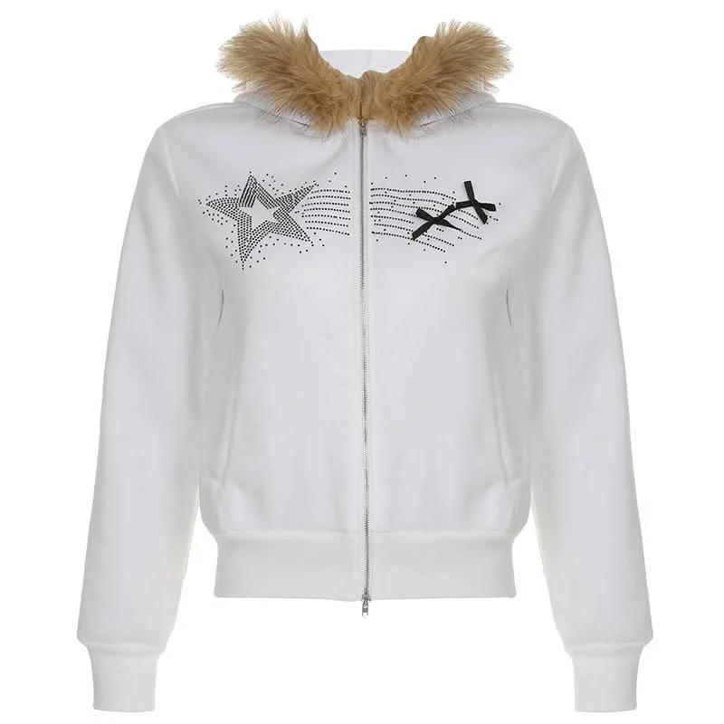 Zip-up beaded fluffy hoodie bowknot long sleeve top Hoodie with Ribbed Neckline Snug Warm Zip-up beaded fluffy hoodie bowknot long sleeve top Hoodie with Ribbed Neckline Snug Warm