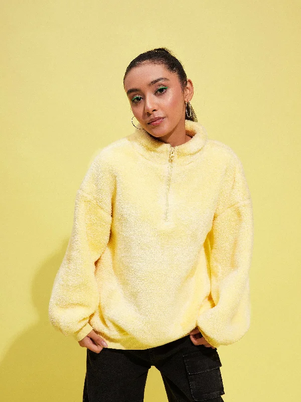 Girls Yellow Fur Front Zipper Sweatshirt Hoodie with Frayed Bohemian Relaxed