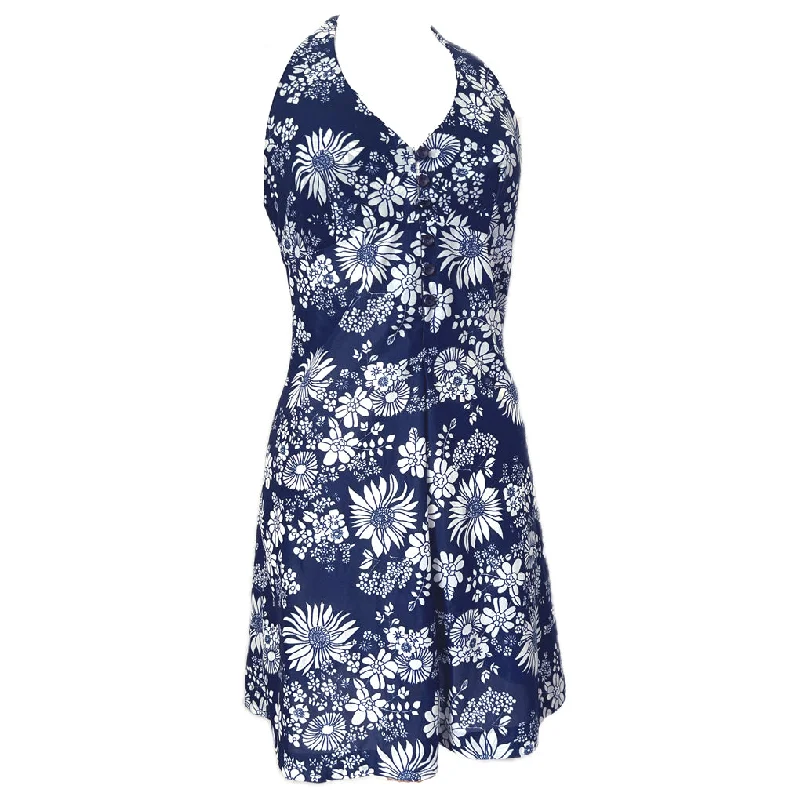 Navy blue and white floral 1960s halterneck mini dress Elegant Sequin Mini Dress