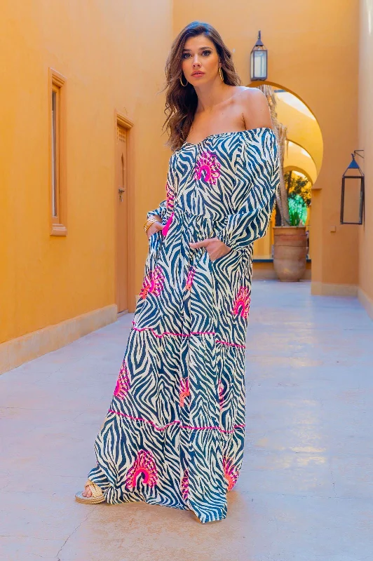 Saby Zebra Off The Shoulder Dress Tunics Summer linen