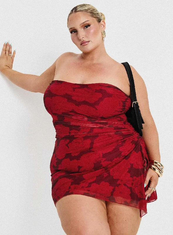 Donelli Mini Dress Burgundy / Red Floral Curve Boatneck Modish Everyday