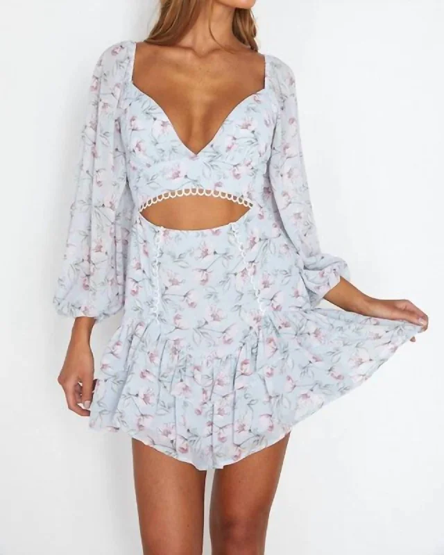 The Becca Floral Balloon Sleeve Cutout Mini Dress in Blue | Blue Comfortable Smocked Mini Dress The Becca Floral Balloon Sleeve Cutout Mini Dress in Blue | Blue Comfortable Smocked Mini Dress
