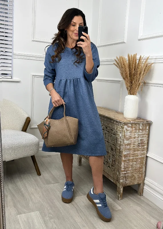 Ailbhe Denim Smock Sweatshirt Dress Hoodie with Hem Embroidery Detailed Premium