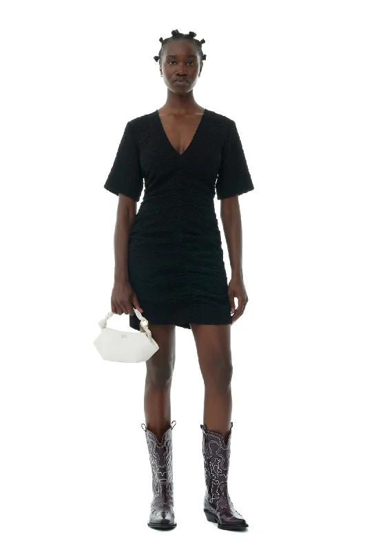 Textured Suiting Mini Dress - Black Cozy A-Line Mini Dress