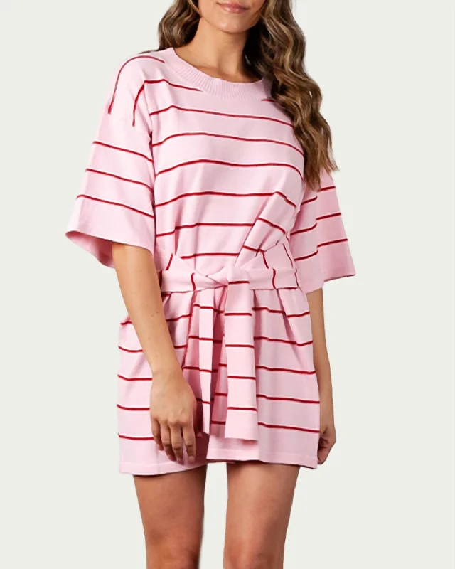 Cybelle Belted Knit Mini Dress in Pink Stripe | Pink Stripe Comfortable Zip-Up Mini Dress Cybelle Belted Knit Mini Dress in Pink Stripe | Pink Stripe Comfortable Zip-Up Mini Dress