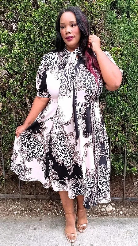 Hi Curvy Plus Size Multi Print Bow Collar Fit & Flare Midi Dress Tunics Cozy soft