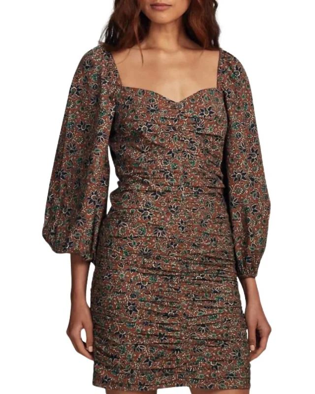 Nadi Puff Sleeve Mini Dress In Cinnamon Multi | Cinnamon Multi Elegant Mini Dress with Ruffles Nadi Puff Sleeve Mini Dress In Cinnamon Multi | Cinnamon Multi Elegant Mini Dress with Ruffles