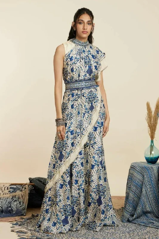 SAFAR BLUE JAAL CROP TOP ATTACHED DRAPE WITH SHARARA PANTS Lace Blend Ribbed Blend Corduroy Blend SAFAR BLUE JAAL CROP TOP ATTACHED DRAPE WITH SHARARA PANTS Lace Blend Ribbed Blend Corduroy Blend