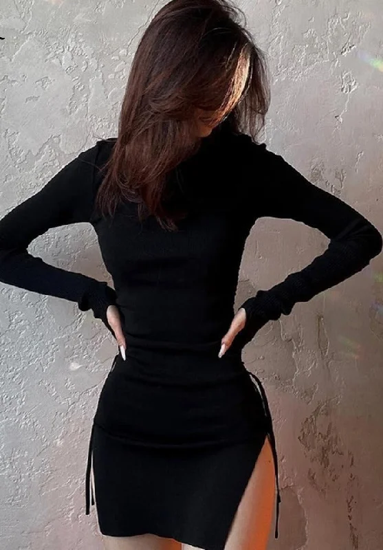 Getadme Black Dress Long Sleeve Mini Dress Women Side Slit Drawstring Female Dress Autumn Winter Clothes Streetwear Bodycon Y2K Dress Comfortable Bodycon Mini Dress