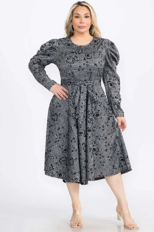 Plus Size Jacquard Smocked Cuff Raglan Sleeves Flare Midi Plated Dress With Belt Tunics Evening elegant Plus Size Jacquard Smocked Cuff Raglan Sleeves Flare Midi Plated Dress With Belt Tunics Evening elegant