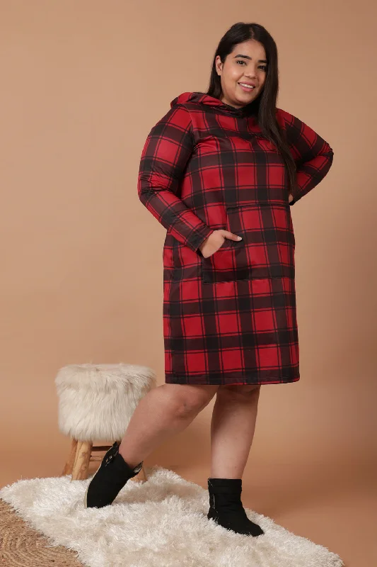 Red Black Plaid Printed Sweatshirt Hoodie Winter Dress Hoodie with Hem Applique Textured Unique Red Black Plaid Printed Sweatshirt Hoodie Winter Dress Hoodie with Hem Applique Textured Unique