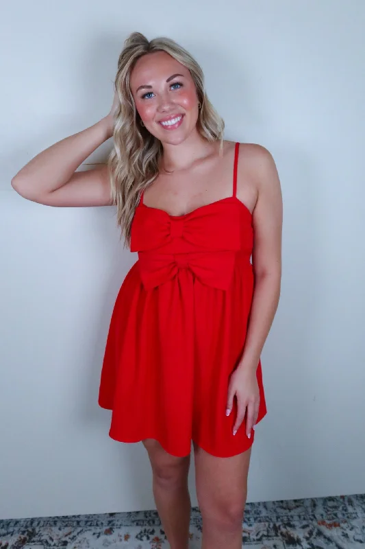 Red Double Bow Mini Dress Elegant Mini Dress with Ruffles