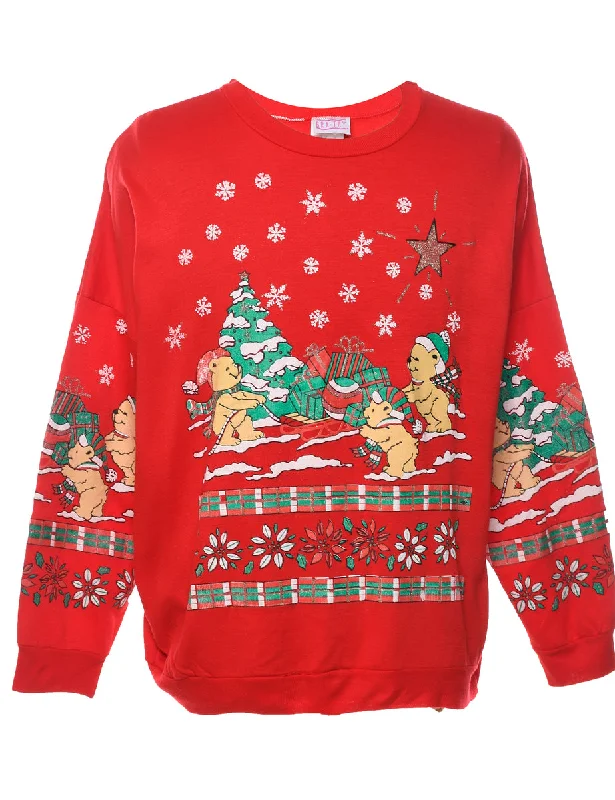 Teddy Bear Print Red Classic Christmas Sweatshirt - L Hoodie with Rolled Sleeves Casual Relaxed Teddy Bear Print Red Classic Christmas Sweatshirt - L Hoodie with Rolled Sleeves Casual Relaxed