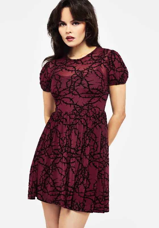 Prickle Thorn Print Mesh Puff Sleeve Mini Dress Stylish Ribbed Mini Dress