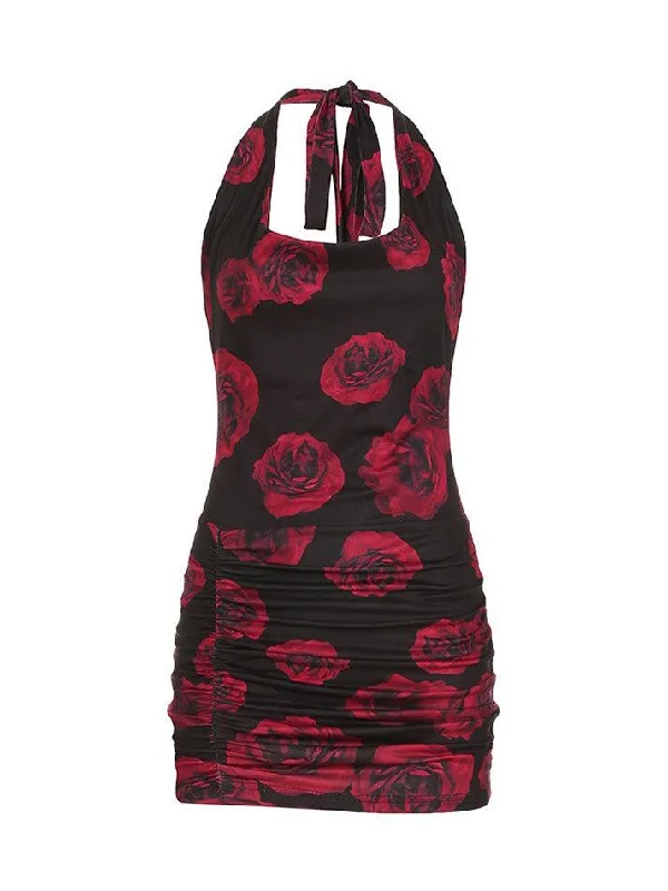 Floral Neck Tie Mini Dresses Chic Mini Dress with V-Neck