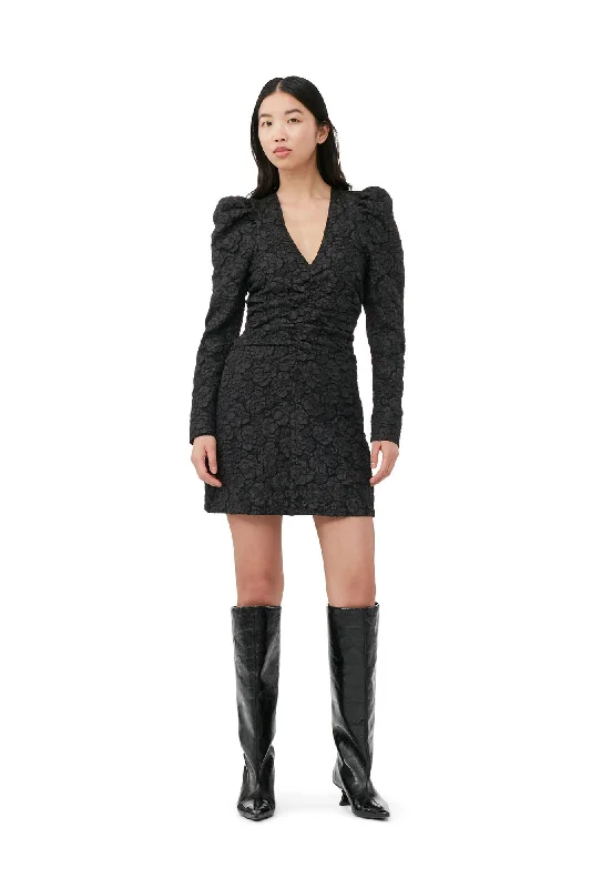 V Neck Mini Dress - Black Jacquard Elegant Sequin Mini Dress