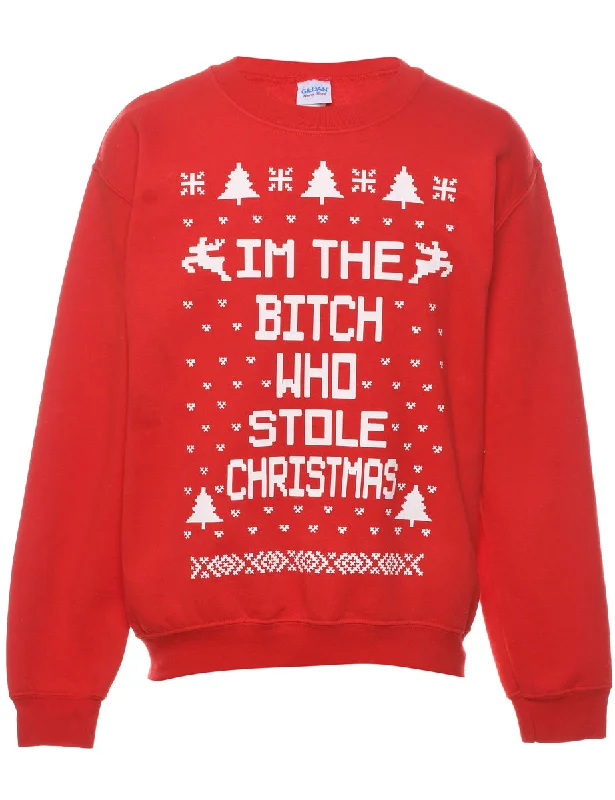Festive Season Red & White Printed Christmas Sweatshirt - S Hoodie with Rhinestones Sparkly Elegant Festive Season Red & White Printed Christmas Sweatshirt - S Hoodie with Rhinestones Sparkly Elegant