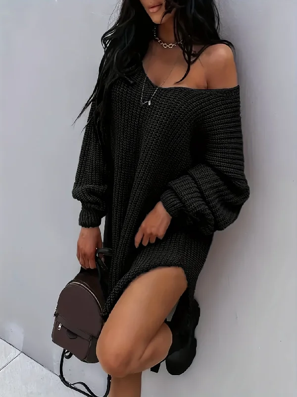 Plus Size Flattering Knitted Dress - Fashion-Forward One Shoulder Lantern Sleeve - Chic V Neck with Modern Split - Soft & Sultry Womens Plus Sweater Dress, Winter-to-Spring Staple Tunics Chic elegant Plus Size Flattering Knitted Dress - Fashion-Forward One Shoulder Lantern Sleeve - Chic V Neck with Modern Split - Soft & Sultry Womens Plus Sweater Dress, Winter-to-Spring Staple Tunics Chic elegant