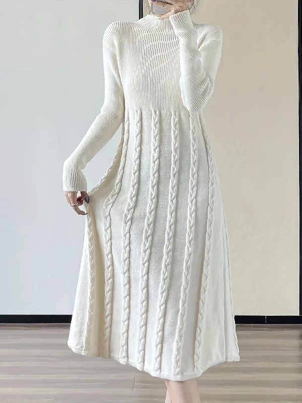 Cozy Long Sleeve Cable Knit Sweater Dress - Women's Elegant Drop Shoulder Mock Neck A-line Dress for Fall & Winter - Soft, Warm, and Comfortable Clothing for Ladies Shift Classic Vintage