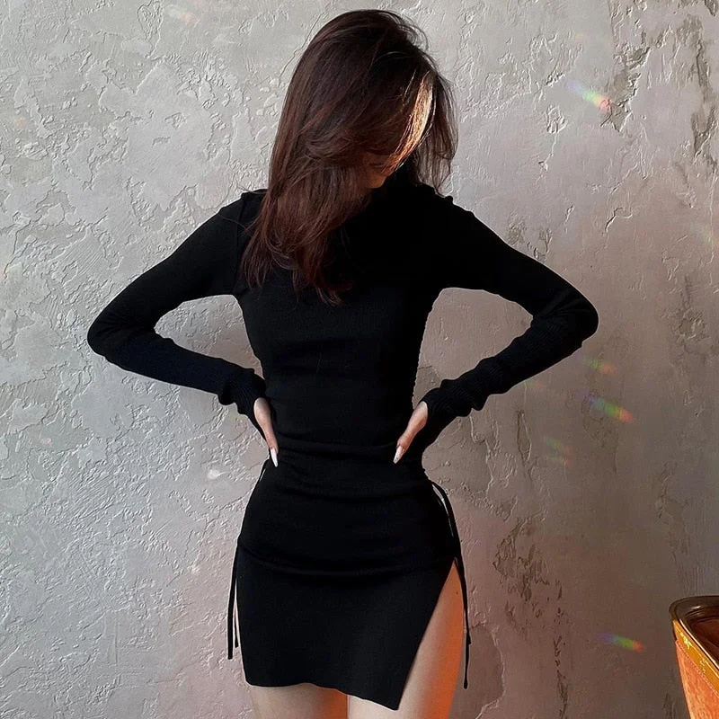 Getadme-Fashion Bodycon Sexy Mini Dress Woman Black Split O Neck Long Sleeve Autumn Winter Dresses for Women Clubwear Casual Outfit Trendy Mini Dress with Belt Getadme-Fashion Bodycon Sexy Mini Dress Woman Black Split O Neck Long Sleeve Autumn Winter Dresses for Women Clubwear Casual Outfit Trendy Mini Dress with Belt