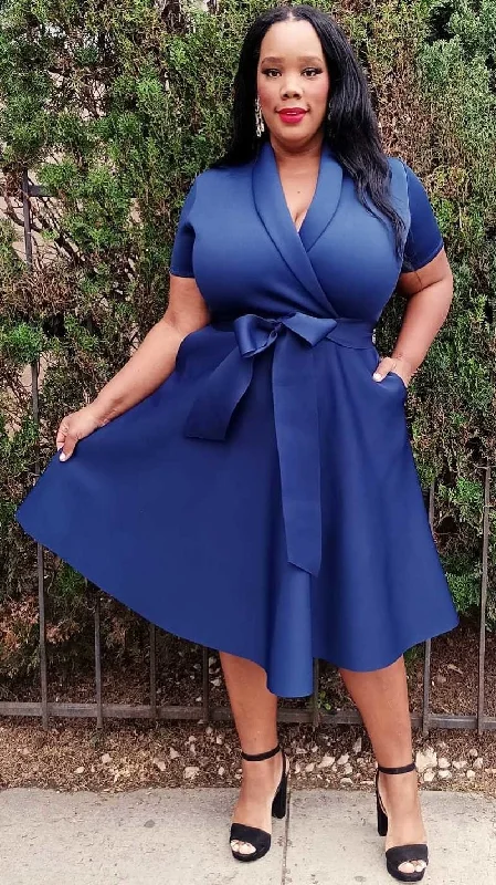 Plus Size Wrap Front Midi Dress with Belt and Pockets Tunics stripes playful