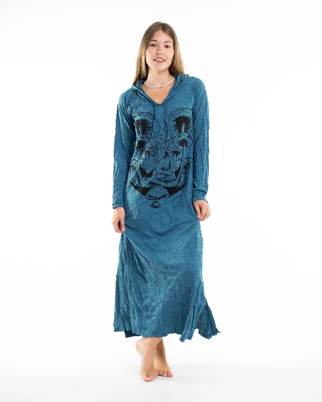 Womens Spirit Shroom Cat Long Hoodie Dress in Denim Blue Hoodie with Slim Fit Tailored Modern Womens Spirit Shroom Cat Long Hoodie Dress in Denim Blue Hoodie with Slim Fit Tailored Modern
